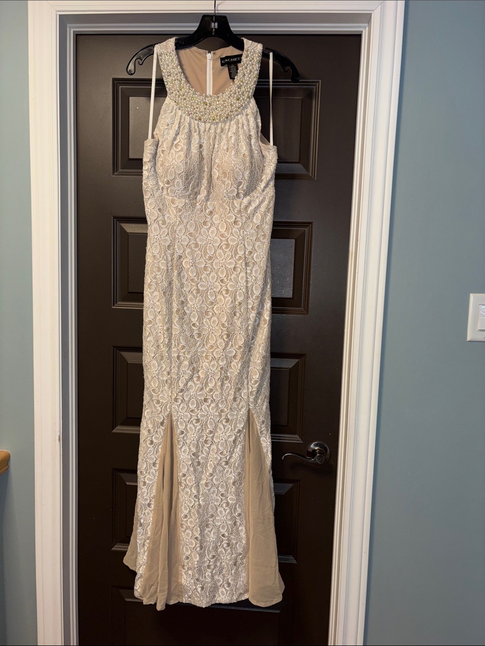 Cachet Pearl and Crystal Embellished Lace Dress - Ivory